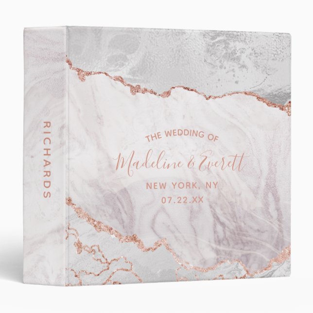 White & Rose Gold Agate Marble Wedding Photo Album Binder (Front/Spine)