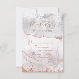 White & Rose Gold Agate Marble Wedding RSVP Reply Card