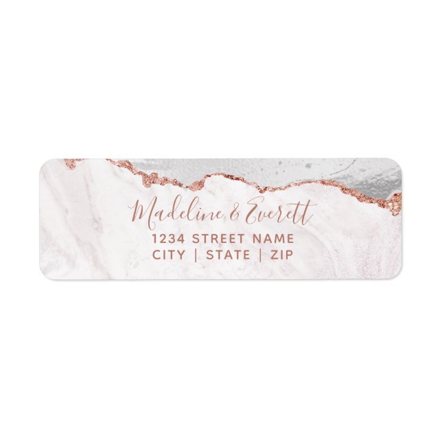 White & Rose Gold Agate Mariage Adresse de retour (Devant)