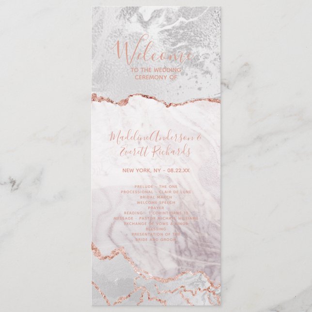 White & Rose Gold Agate Wedding Ceremony Program (Front)