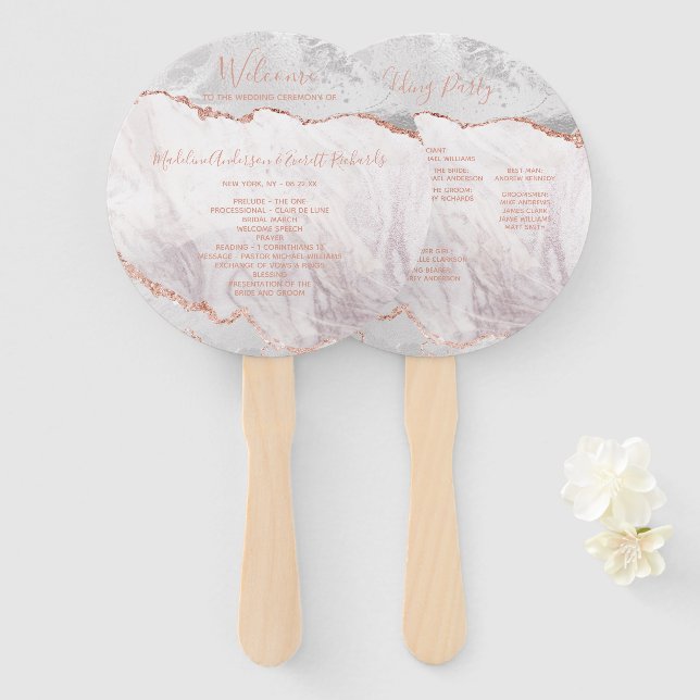 White & Rose Gold Agate Wedding Ceremony Program Hand Fan (Front and Back)