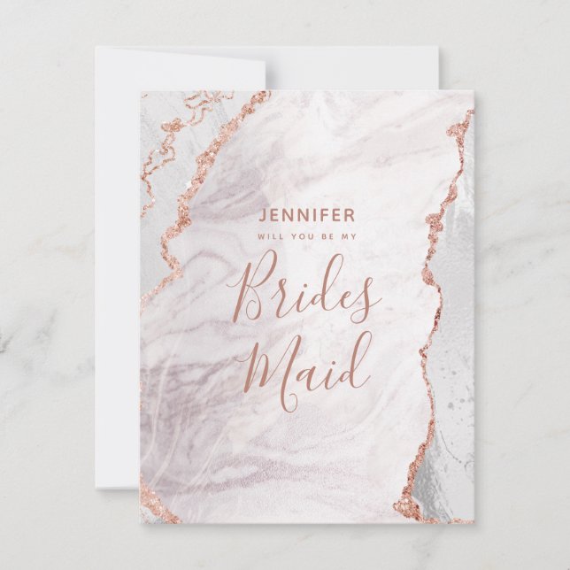 White & Rose Gold Agate Will You Be My Bridesmaid Invitation (Front)
