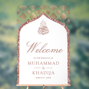 White Rose Gold Arch Muslim Wedding Welcome Acrylic Sign