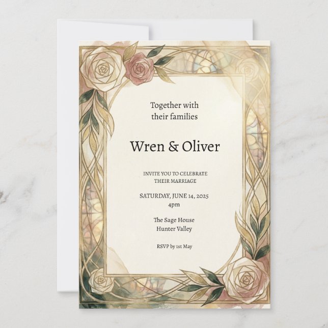 White Rose Gold Art Nouveau Wedding Invitation (Front)