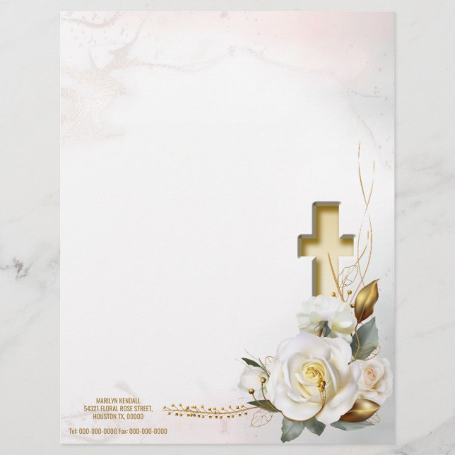White Rose Gold Cross Floral Letterhead (Front)