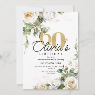 White Rose & Gold Dusty Elegant 60th Birthday Invitation