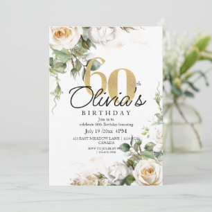 White Rose  & Gold  Dusty Elegant 60th Birthday Invitation