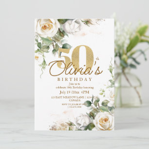 White Rose Gold Elegant Floral 50th Birthday Invitation