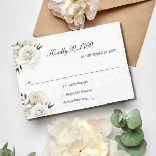 White Rose Gold Floral Formal Elegant Wedding RSVP Card