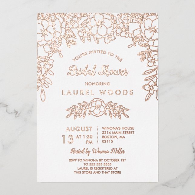 White & Rose Gold Floral Line Art Bridal Shower (Front)