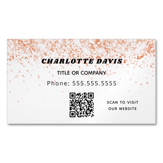 White rose gold glitter elegant QR code Magnetic Business Card (Front)