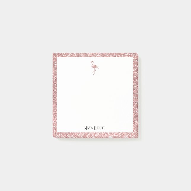 White + Rose Gold Glitter Flamingo & Border, Name Post-it Notes (Front)