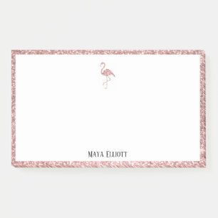 White + Rose Gold Glitter Flamingo & Border w Name Post-it Notes