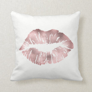 White Rose Gold Glitter Kiss Lips Makeup Minimal Throw Pillow