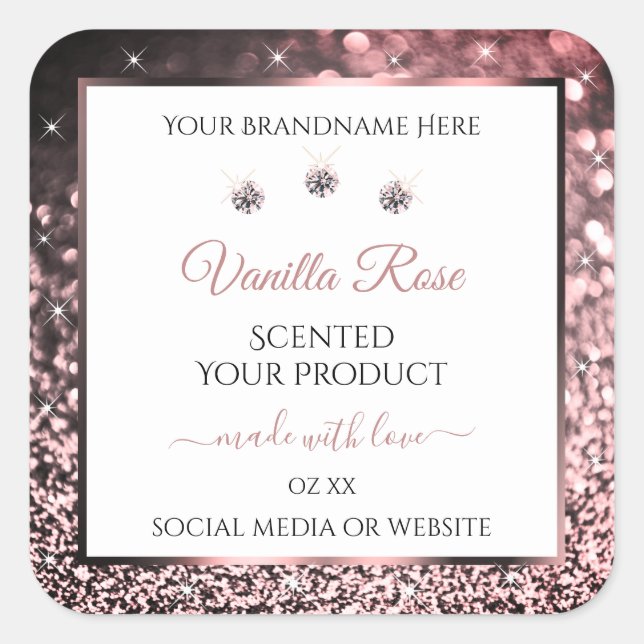 White Rose Gold Glitter Product Labels Rhinestones (Front)