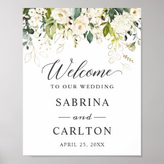 White Rose Gold Leaves Floral Wedding Welcome Sign