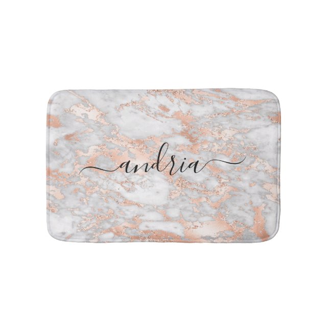 White & Rose Gold Marble 2, Glitter, Script Name Bath Mat (Front)