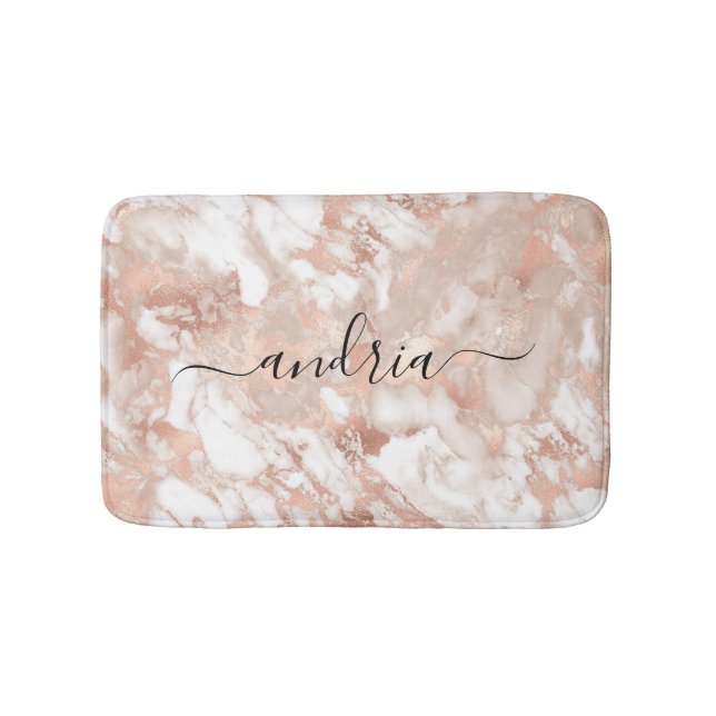 White & Rose Gold Marble 6, Black Script Name Bath Mat (Front)