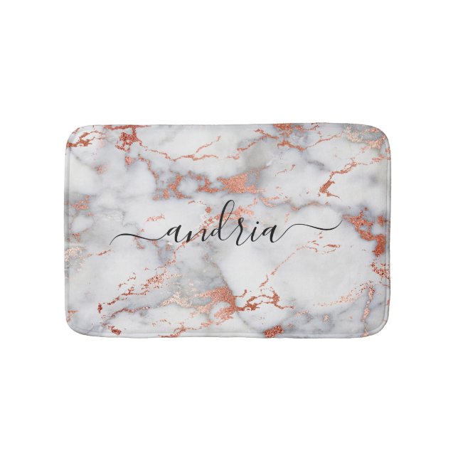 White & Rose Gold Marble 7, Glitter, Black Script Bath Mat (Front)