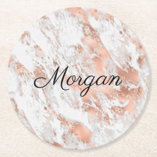 White & Rose Gold Marble, Black Script Name, Vs 2 Round Paper Coaster