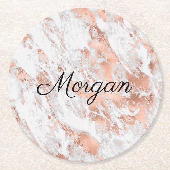 White & Rose Gold Marble, Black Script Name, Vs 2 Round Paper Coaster (Front)