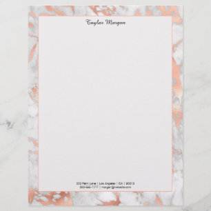 White & Rose Gold Marble Border, Black Name/Info Letterhead