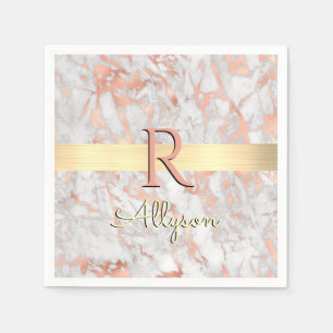 White & Rose Gold Marble, Gold Bar Name & Monogram Napkin