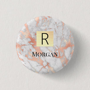 White & Rose Gold Marble Gold Box, Name & Monogram 1 Inch Round Button