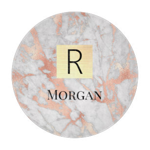 White & Rose Gold Marble Gold Box, Name & Monogram Cutting Board