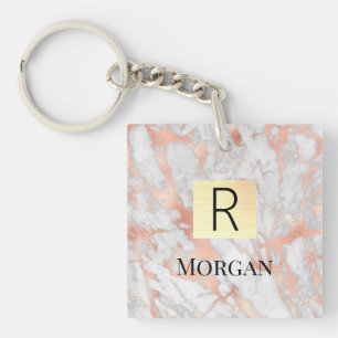 White & Rose Gold Marble Gold Box, Name & Monogram Keychain