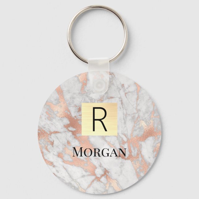 White & Rose Gold Marble Gold Box, Name & Monogram Keychain (Front)