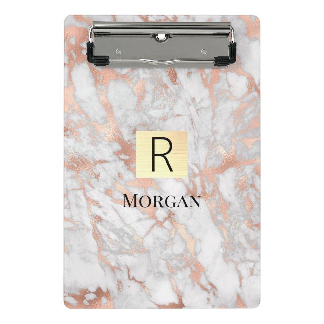 White & Rose Gold Marble Gold Box, Name & Monogram Mini Clipboard (Front)