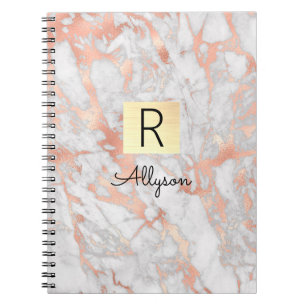 White & Rose Gold Marble Gold Box, Name & Monogram Notebook