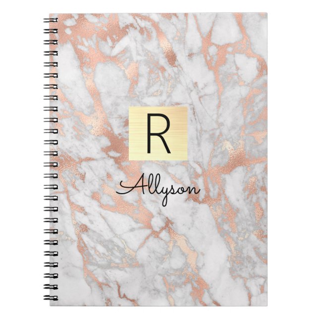 White & Rose Gold Marble Gold Box, Name & Monogram Notebook (Front)