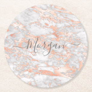 White & Rose Gold Marble, Grey Script Name Round P Paper Coaster