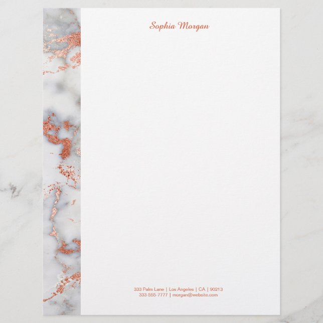 White & Rose Gold Marble, Name & Contact Info Letterhead (Front)