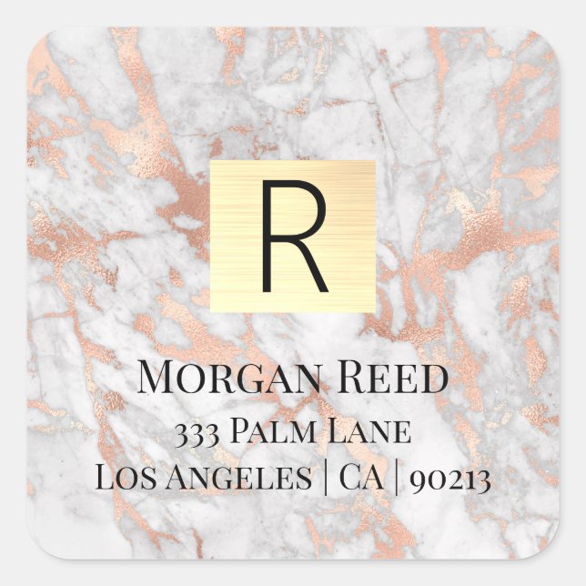 White/Rose Gold Marble Name/Monogram ReturnAddress Square Sticker (Front)