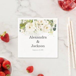 White Rose & Gold Modern Font Wedding Napkin