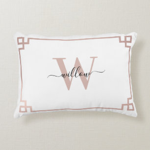 White & Rose Gold Pink Greek Key Monogrammed  Accent Pillow