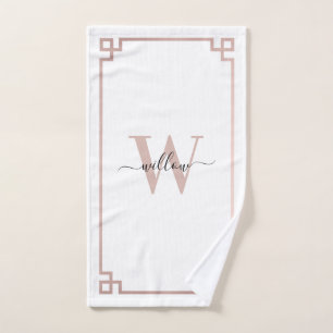White & Rose Gold Pink Greek Key Monogrammed  Bath Towel Set