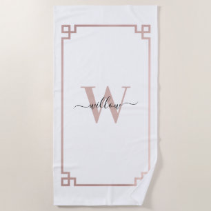 White & Rose Gold Pink Greek Key Monogrammed Beach Towel