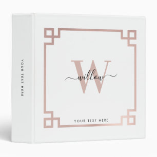 White & Rose Gold Pink Greek Key Monogrammed Binder