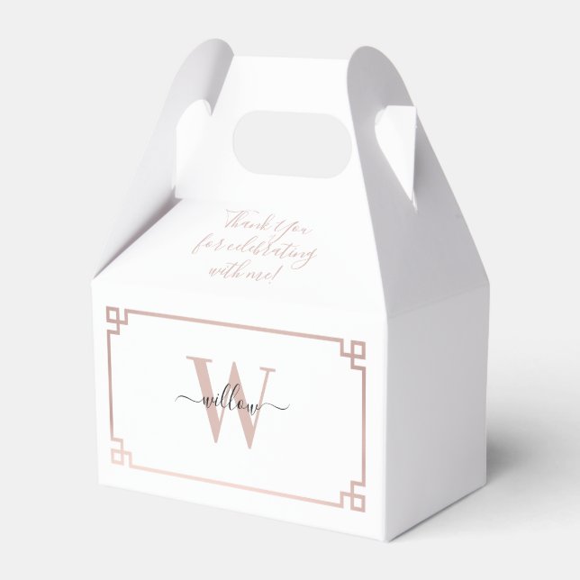 White & Rose Gold Pink Greek Key Monogrammed Favor Box (Front Side)
