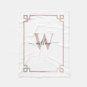 White & Rose Gold Pink Greek Key Monogrammed   Fleece Blanket