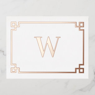 White & Rose Gold Pink Greek Key Monogrammed Foil Holiday Postcard