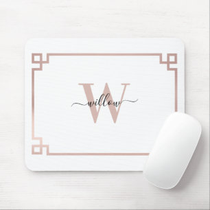 White & Rose Gold Pink Greek Key Monogrammed Mouse Pad