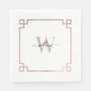 White & Rose Gold Pink Greek Key Monogrammed   Napkin