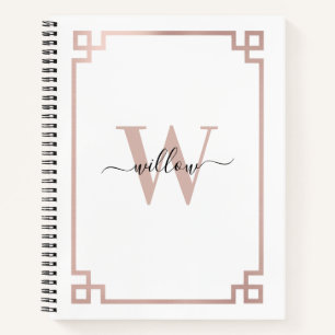 White & Rose Gold Pink Greek Key Monogrammed Notebook