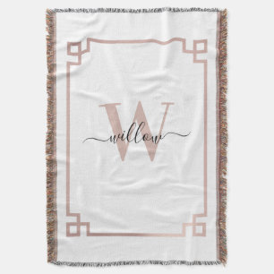 White & Rose Gold Pink Greek Key Monogrammed Throw Blanket
