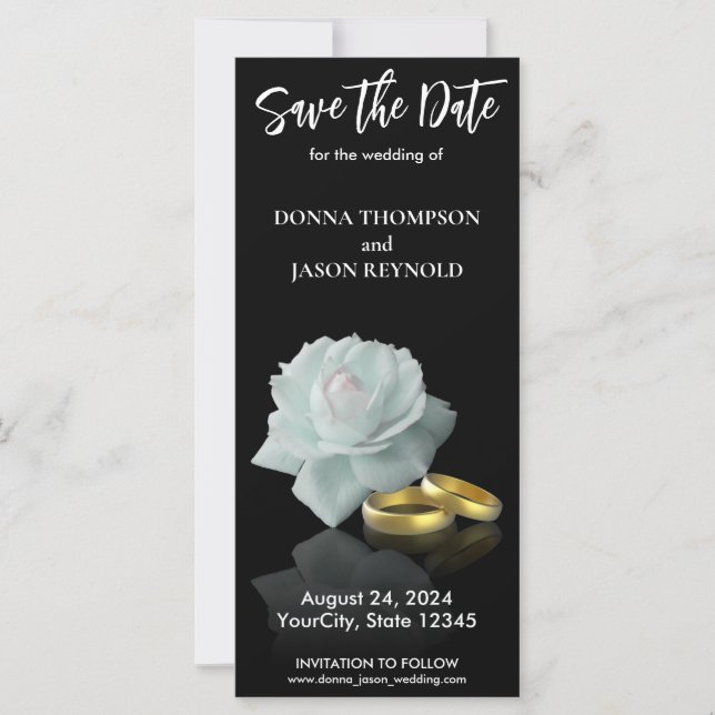 White Rose Gold Rings Elegant Save the Date Script (Front)